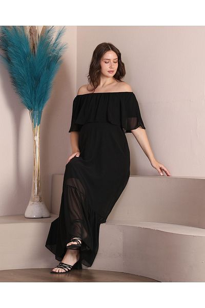 Azra Style Rochie lungă din șifon cu volane, cu guler Madonna, fustă neagră