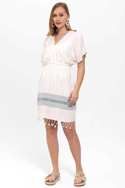 Deriderim Темно-зелена біла V-подібна сорочка з шилевого полотна, бавовняна пляжна сукня - з короткими рукавами, без підкладки