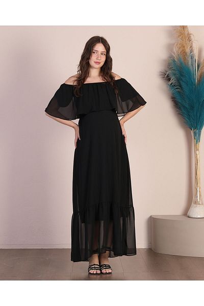 Azra Style Rochie lungă din șifon cu volane, cu guler Madonna, fustă neagră