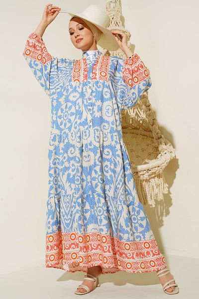 TUTveAL Collection Long Full Length Balloon Sleeve Dress 100% Cotton Viscose Fabric Skirt Ruffle Patterned V-neck Dress