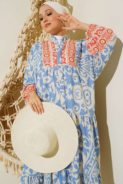 TUTveAL Collection Long Full Length Balloon Sleeve Dress 100% Cotton Viscose Fabric Skirt Ruffle Patterned V-neck Dress