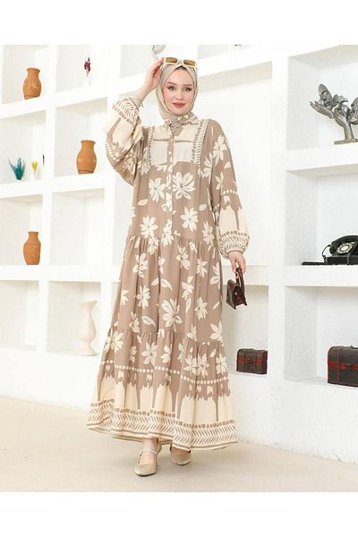 TUTveAL Collection Long Full Length Balloon Sleeve Dress 100% Cotton Viscose Fabric Skirt Ruffle Patterned V-neck Dress