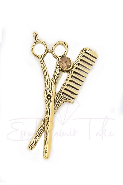 Esra Pamir Taşlı Makas Tarak Kuaför Broş