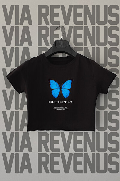 Vordevia Black Crop - Lycra, Crew Neck, Butterfly Print