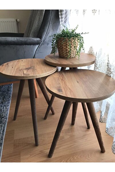 İZMİR ALİNDA MOBİLYA Ağaç Ayaklı 3’lü Yuvarlak Zigon Sehpa