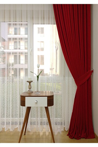 Evdepo Home Crown Honeycomb Textured Red Solid Color 1/3 Close Pleated Soft Background Curtain, Close Pleat, Single Wing