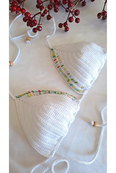 SOUL BY A&B El örgüsü bikini beyaz bikini üstü renkli boncuklu yaz bikini şık...