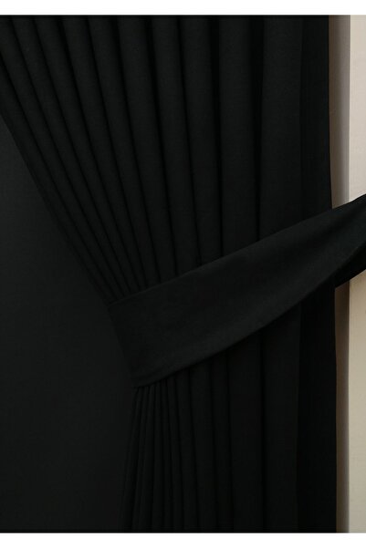 Evdepo Home Crown Black Solid Color Pleated Soft Background Curtain, 1/2 Sparse Pleat, Single Wing