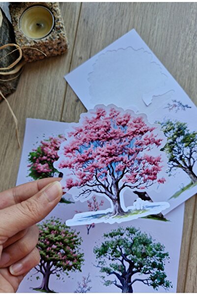 Mona Craftist 2 Sayfa 6 Adet Ağaç Temalı Sticker Seti Büyük Ağaç Sticker Vint...