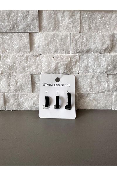 biralışveriş Black Steel Ring Set - 3-Piece Earrings