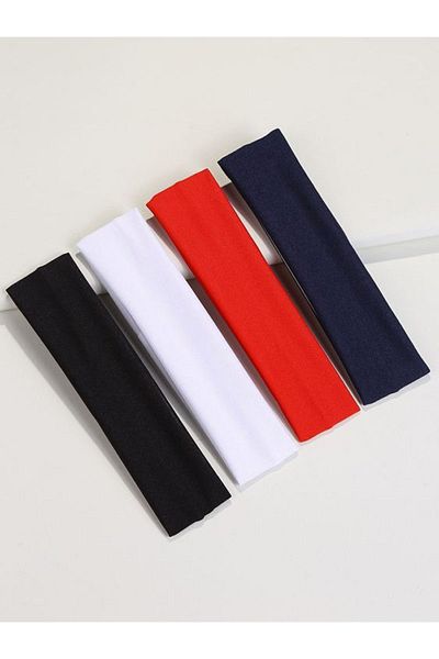 MERİCEY Women's 4-Piece Cotton Black White Red Navy Blue Flexible Bandana - Hair Band - Hair Clip