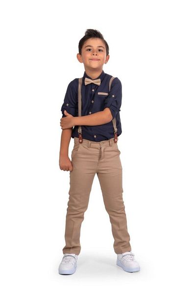 Terry Boy's Navy Blue Oxford Shirt Beige Bow Tie Suit