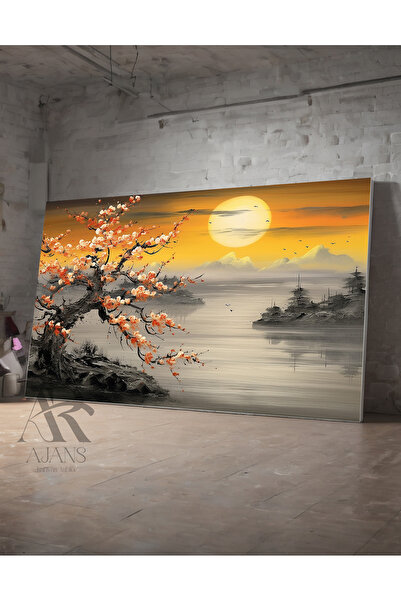 AR AJANS KANVAS TABLO Göl Kenarında Dalında Turuncu  Çiçek  Açmış Dekoratif A...