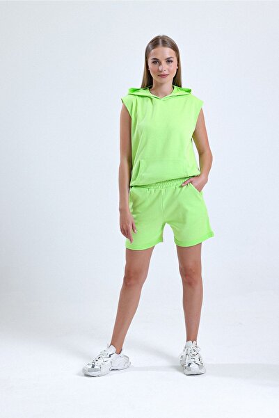 pulur.co Yeşil Paça Detaylı Cepli Yüksek Bel Kısa Sweat Şort