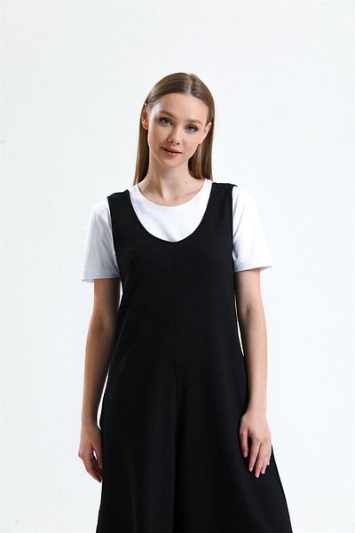 pulur.co Black Sleeveless Round Neck Cotton Two Thread Knitted Jumpsuit with Pockets