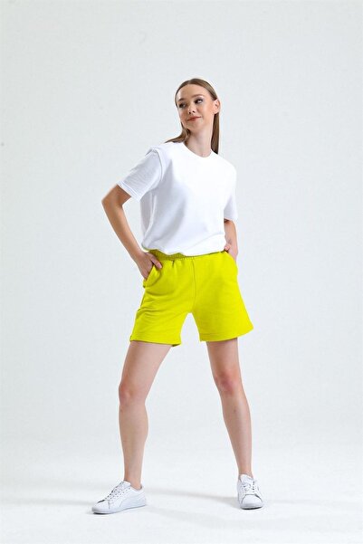 pulur.co Limon Sarısı Paça Detaylı Cepli Yüksek Bel Kısa Sweat Şort