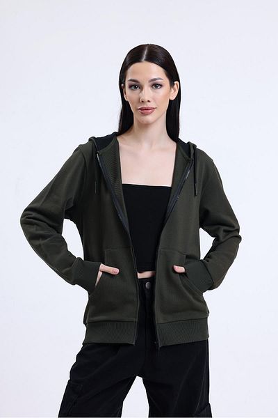 pulur.co Khaki 100% Cotton Zippered Cardigan with Hood