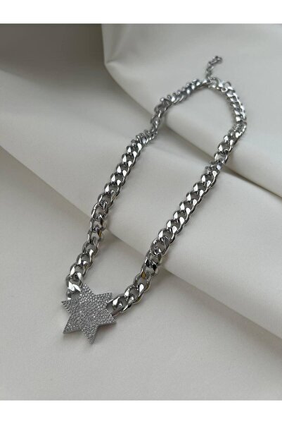 minnejewelry قلادة نجمة سلسلة فضية اللون - قلادة نجمة حجر الزركون