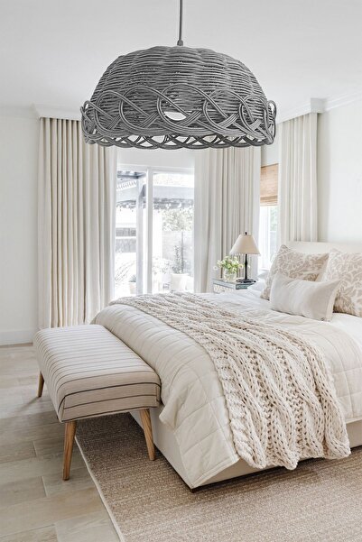 Turkish Belkıs Rattan Rattan Bambu Hasır Sarkıt Gri Antrasit Avize 35 Cm
