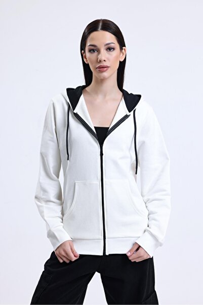 pulur.co Ecru 100% Cotton Zippered Cardigan with Hood