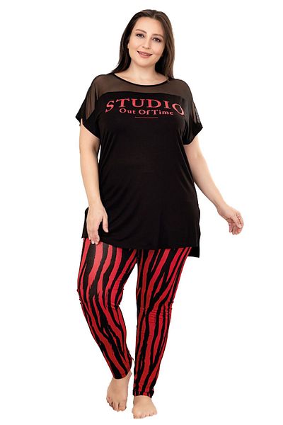 quilling Plus Size Red and Black Striped Patterned Pajamas Set - Lady 10957