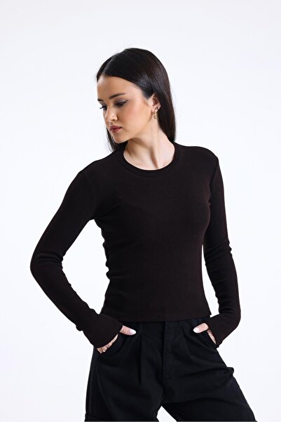 pulur.co Brown Cotton Corded Fabric Ribbed Knit Crew Neck Stretchy Long Sleev...