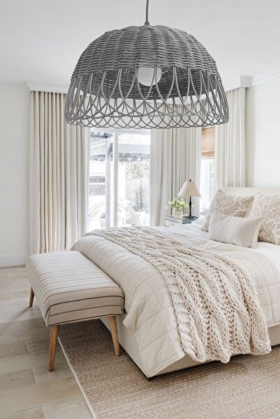 Turkish Belkıs Rattan Rattan Bambu Hasır Sarkıt Gri Antrasit Avize 35 Cm