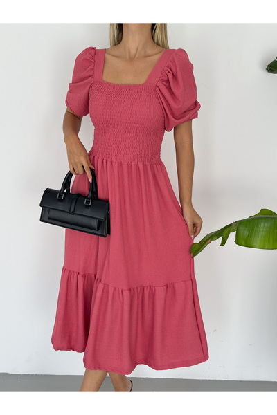 KAŞİHA GÜL KURUSU GİPELİ BÜRÜMCÜK KARE YAKA BALON KOL KADIN ELBİSE