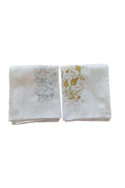 SELETTI 50x90 cm 100% Cotton - 2-Piece Embroidered Hand Face Towel - Gold and Silver