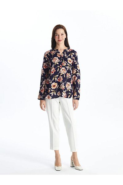 LC Waikiki Lcw Grace Ecru bedruckte Damenbluse mit 2 Rundhalsausschnitten und Blumenmuster und langen Ärmeln (S4)