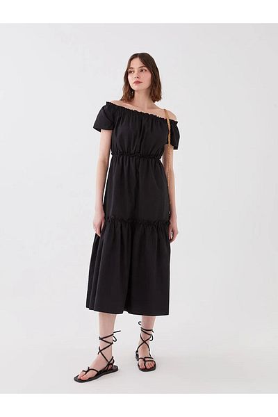 LC Waikiki Γυναικείο φόρεμα Xsıde Boat Neck ίσιο κοντομάνικο