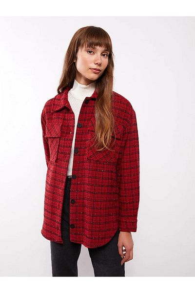LC Waikiki Klassische, karierte Hemdjacke für Damen mit langen Ärmeln und Knopfverschluss vorne