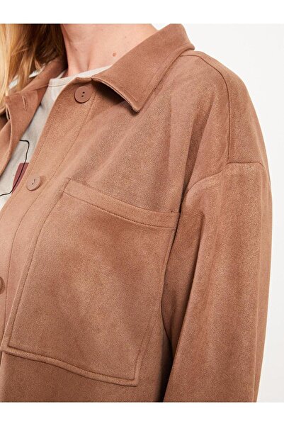 LC Waikiki LCWAIKIKI Classic Gömlek Yaka Düz Uzun Kollu Süet Kadın Mont