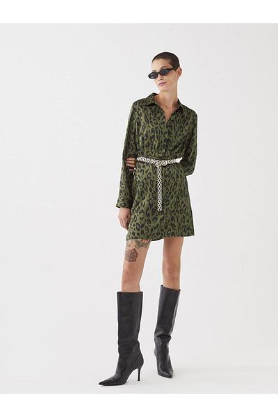 LC Waikiki LCW Vision Shirt Collar Print Long Sleeve Satin Women's Dress