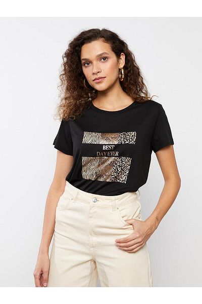 LC Waikiki LCWAIKIKI Classic - Tricou imprimat cu decolteu pentru femei, cu mânecă scurtă