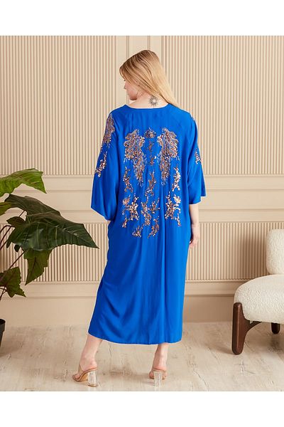 BeyzaBayram Saks Blue Viscose Long Dress - Sequin Embroidered, Buttoned and Oversize Loose Plus Size