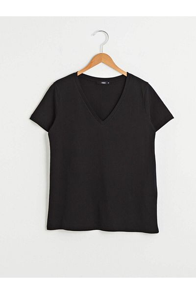 LC Waikiki Tricou negru cu decolteu în V pentru femei Colecția XSIDE