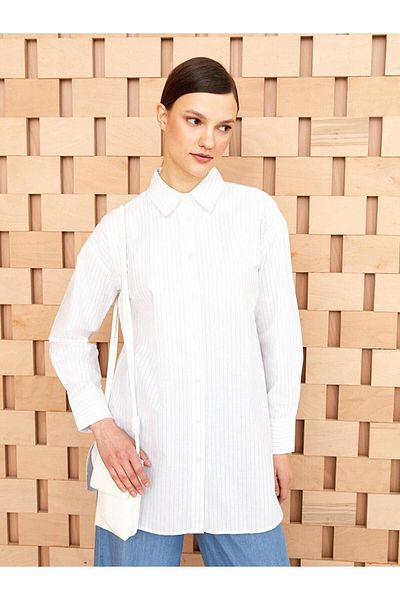 LC Waikiki Tunica cămașă pentru femei LCW Modest Stripe cu mânecă lungă din popelin