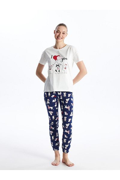 LC Waikiki LCW Young Women - Set de pijamale cu mânecă scurtă cu imprimeu pentru decolteu