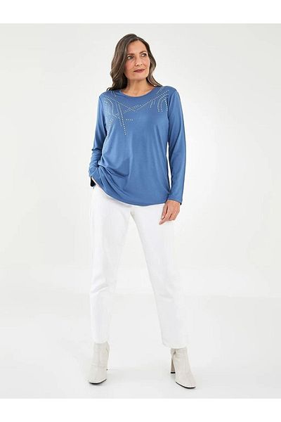 LC Waikiki Tricou de damă cu mânecă lungă cu imprimeu cu piatră strălucitoare și gâtul rotund