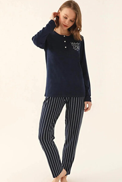 Pierre Cardin Altı Çizgili Desen Uzun Kollu Kadın Pijama Takımı Geniş Beden Aralığı