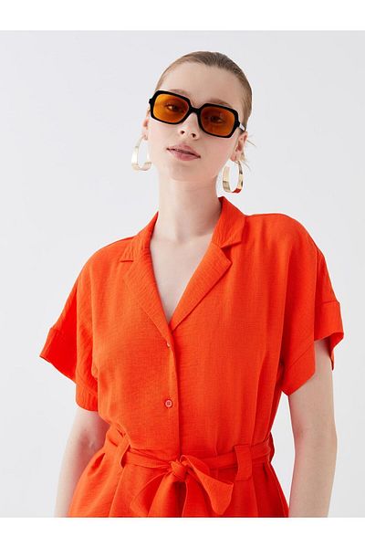 LC Waikiki Damen-Hemdkleid mit Leinenstruktur, kurzen Ärmeln und Jackenkragen