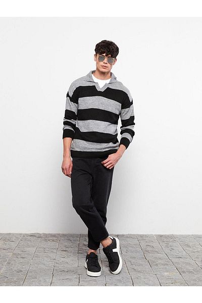 LC Waikiki Ανδρικό φούτερ με μακρυμάνικο ριγέ LCW Casual Polo λαιμόκοψη