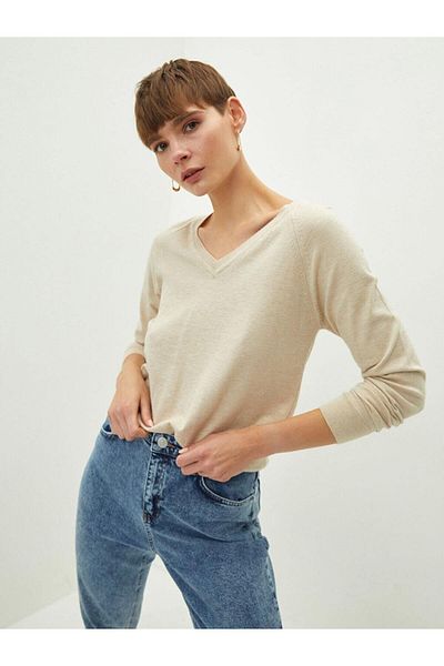 LC Waikiki Pulover de damă Lcw Vision cu decolteu în V, solid, cu mânecă lungă
