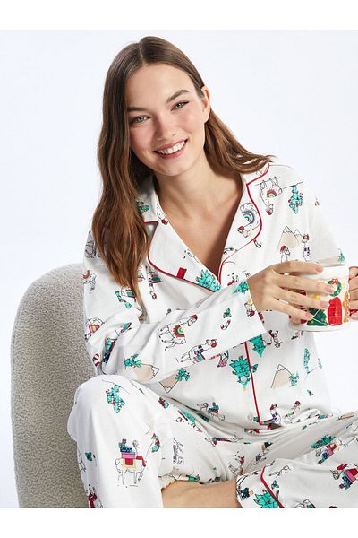 LC Waikiki Set de pijamale pentru femei, cu guler de cămașă, tematică de Anul Nou