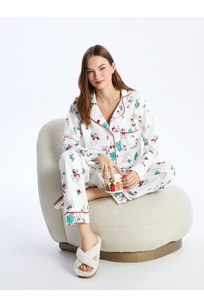 LC Waikiki Set de pijamale pentru femei, cu guler de cămașă, tematică de Anul Nou