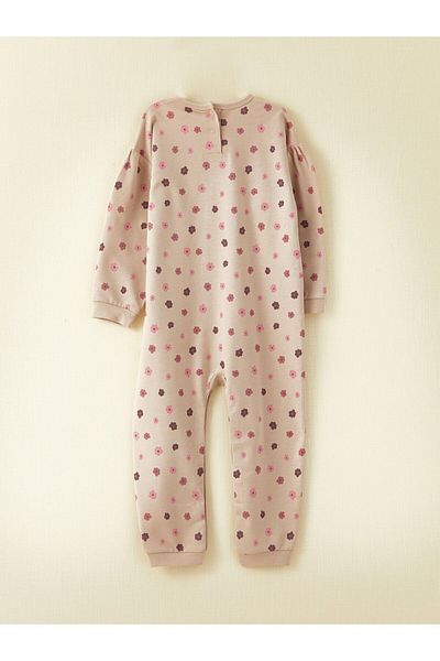 LC Waikiki Crew Neck Long Sleeve Patterned Organic Cotton Baby Girl Jumpsuit