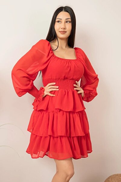 MADAMECİX Yeni Sezon Eteği Kat Detay Beli Gipeli Astarlı Şifon Kumaş Kadın Elbise 078