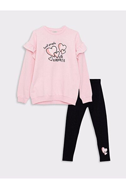 LC Waikiki LCW Kids Bisiklet Yaka Baskılı Uzun Kollu Kız Çocuk Sweatshirt ve Tayt