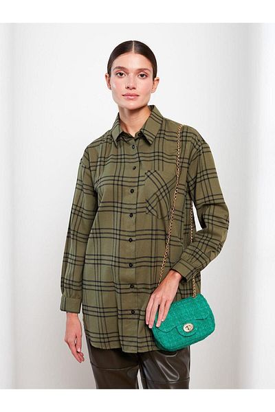 LC Waikiki LCW Modest Shirt Collar Plaid Long Sleeve Oversize Women's Tunic